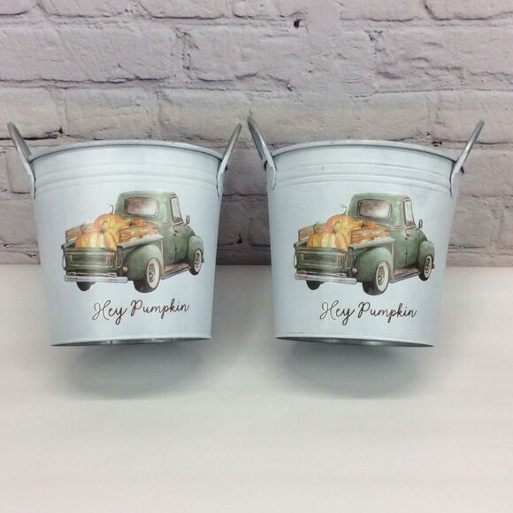 Hey Pumpkin Fall Metal Galvanized Bucket w/Truck Farmhouse Style Decor Set of 2 - Picture 1 of 7